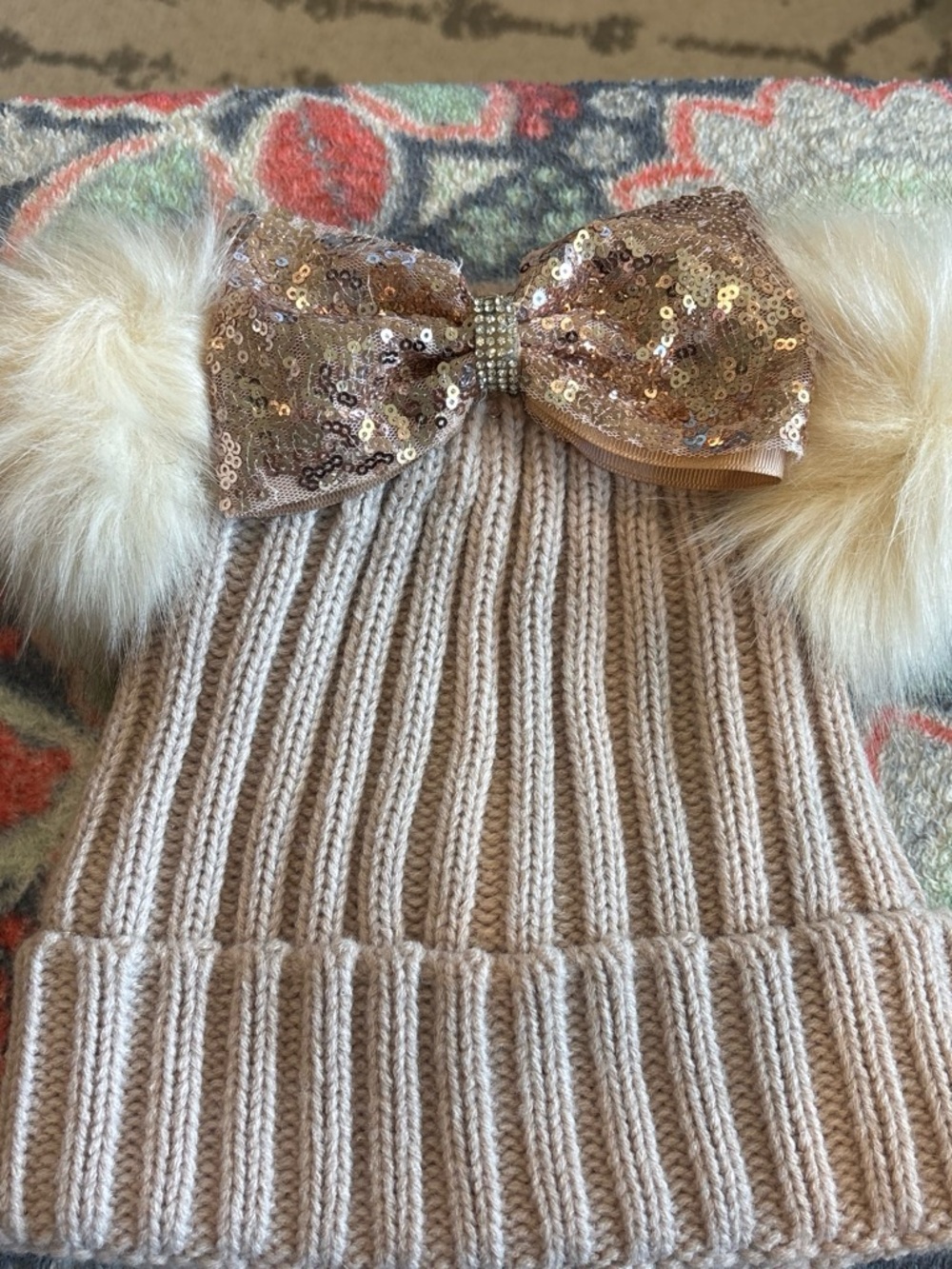 Womens Sequin Bow Beanie Hat - Beige